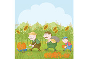 Farmers with the harvest of pumpkins