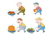 Farmers with vegetables and pumpkins