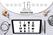 Packaging items icons set, simple 