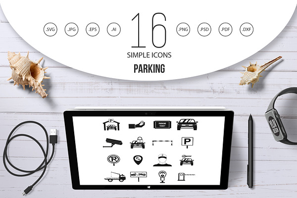 Parking set icons, simple style