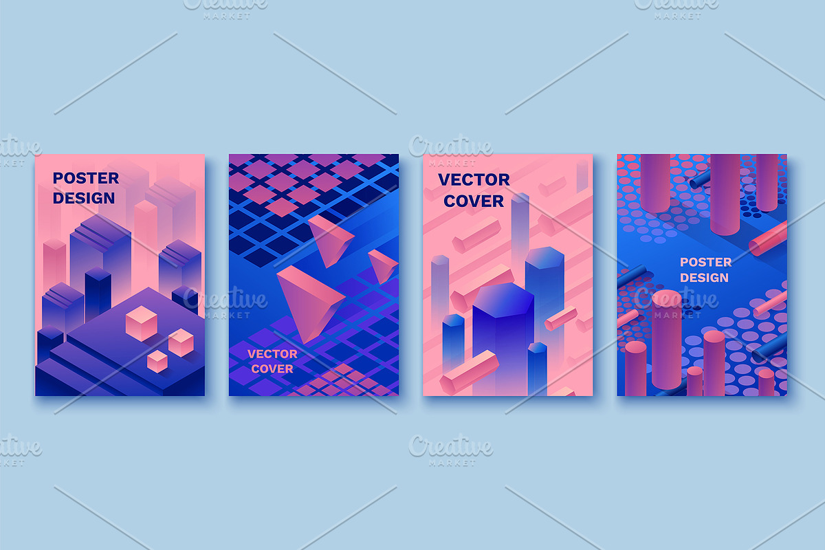 Abstract violet isometric posters in Illustrations - product preview 8