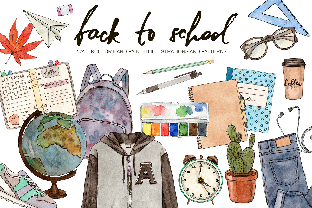 Back to school. Watercolor set. in Illustrations - product preview 8