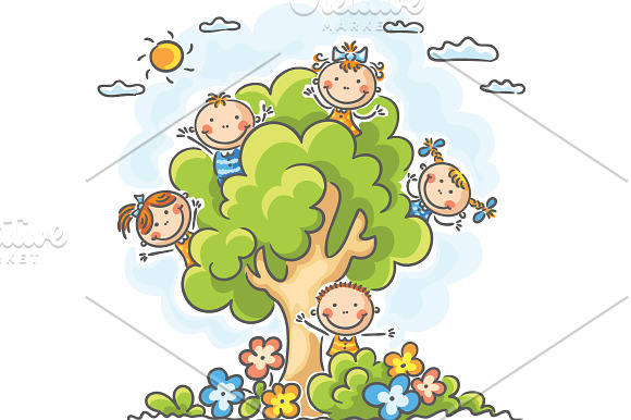 Happy kids playing in the tree in Illustrations - product preview 1