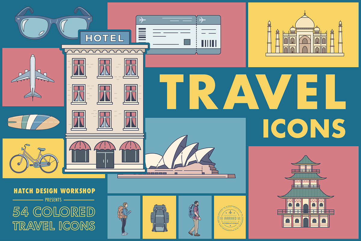 54 Colored Travel Icons in Graphics - product preview 8