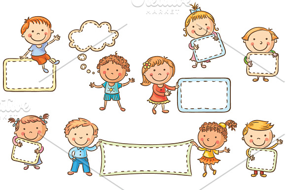 Little cartoon kids with blank signs in Illustrations - product preview 1