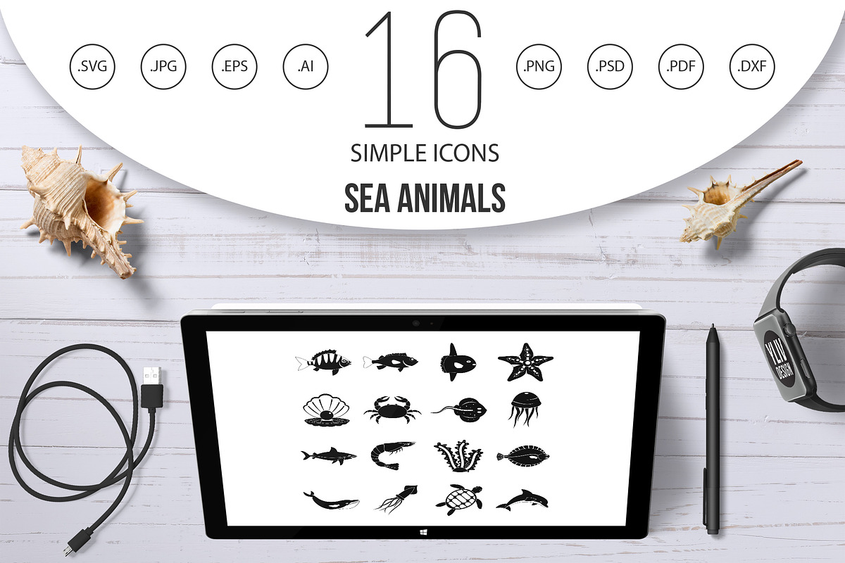 Sea animals icons set, simple style in Graphics - product preview 8