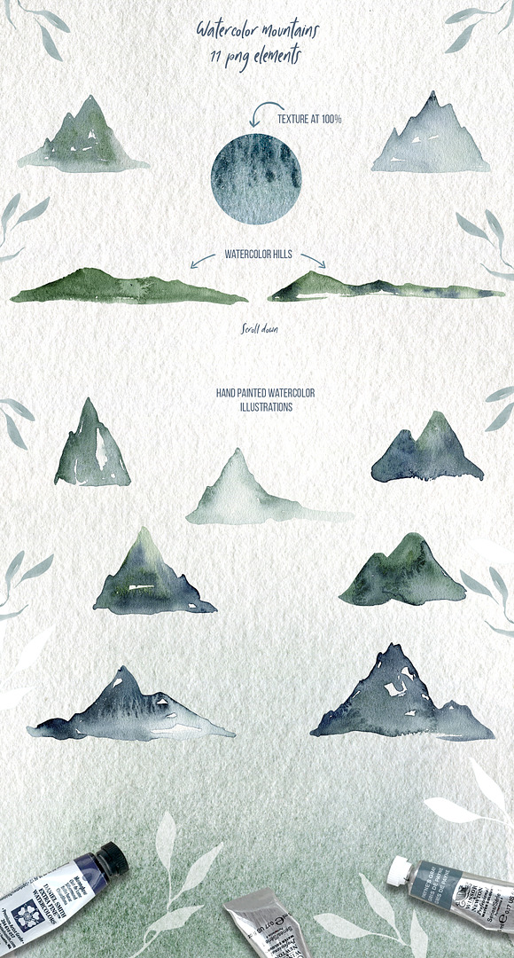 Watercolor Mountains and greens in Illustrations - product preview 3