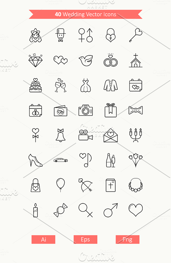 40 Outline Wedding Icons in Graphics - product preview 1