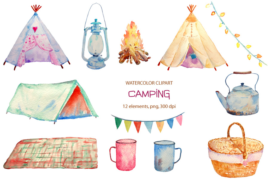 Watercolor Camping Clipart Teepee in Illustrations - product preview 8