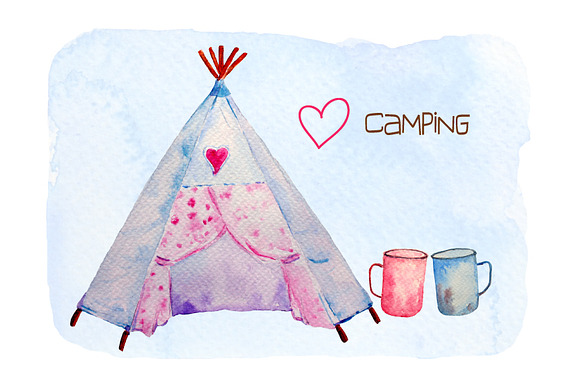 Watercolor Camping Clipart Teepee in Illustrations - product preview 1