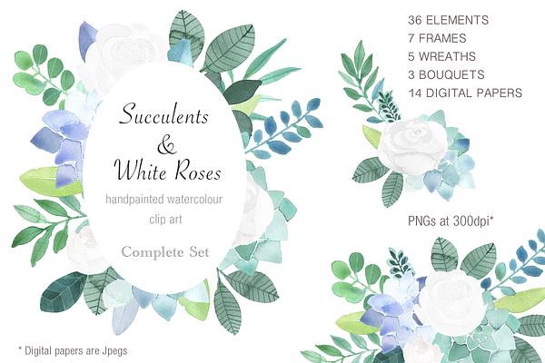 Succulents & White Roses Clip Art