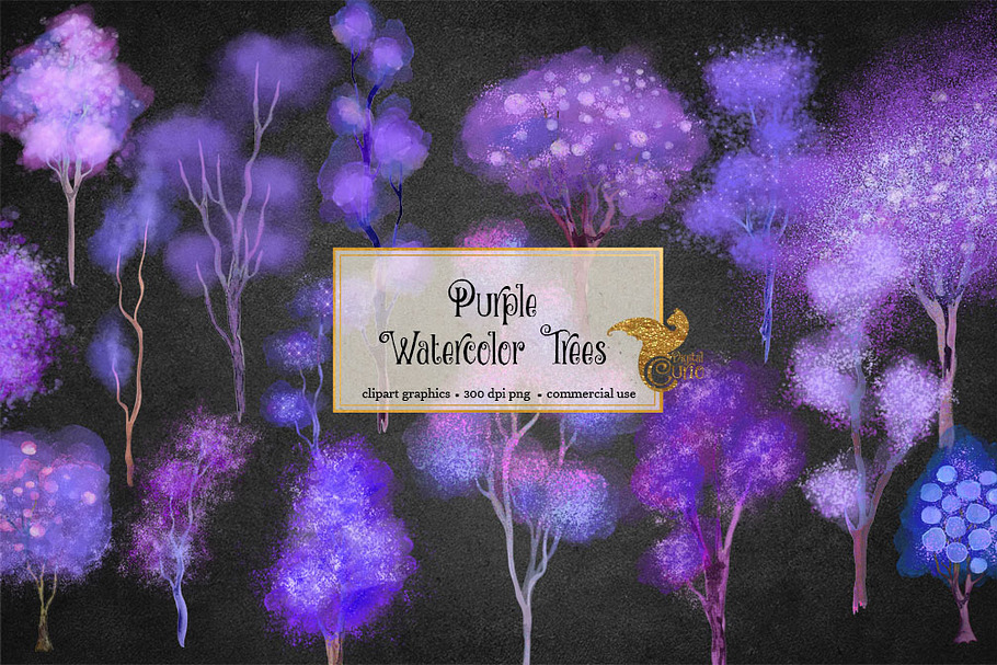 Purple Watercolor Trees Clipart in Illustrations - product preview 8