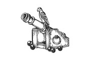 Parrot on cannon engraving vector
