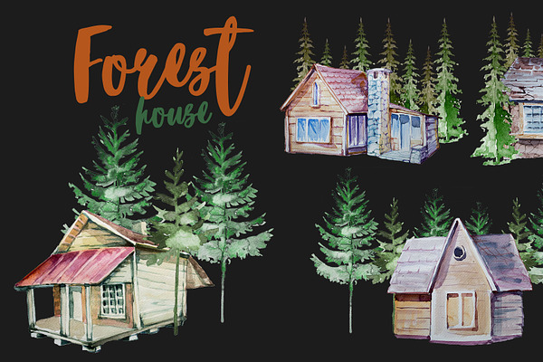 Watercolor Forest House Clipart