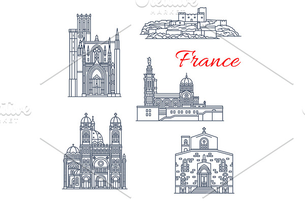 France vector landmark line icons of
