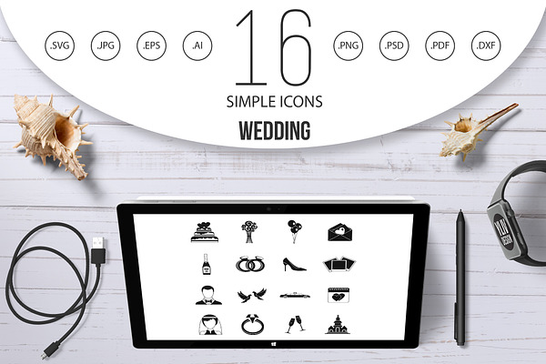 Wedding icons set, simple style