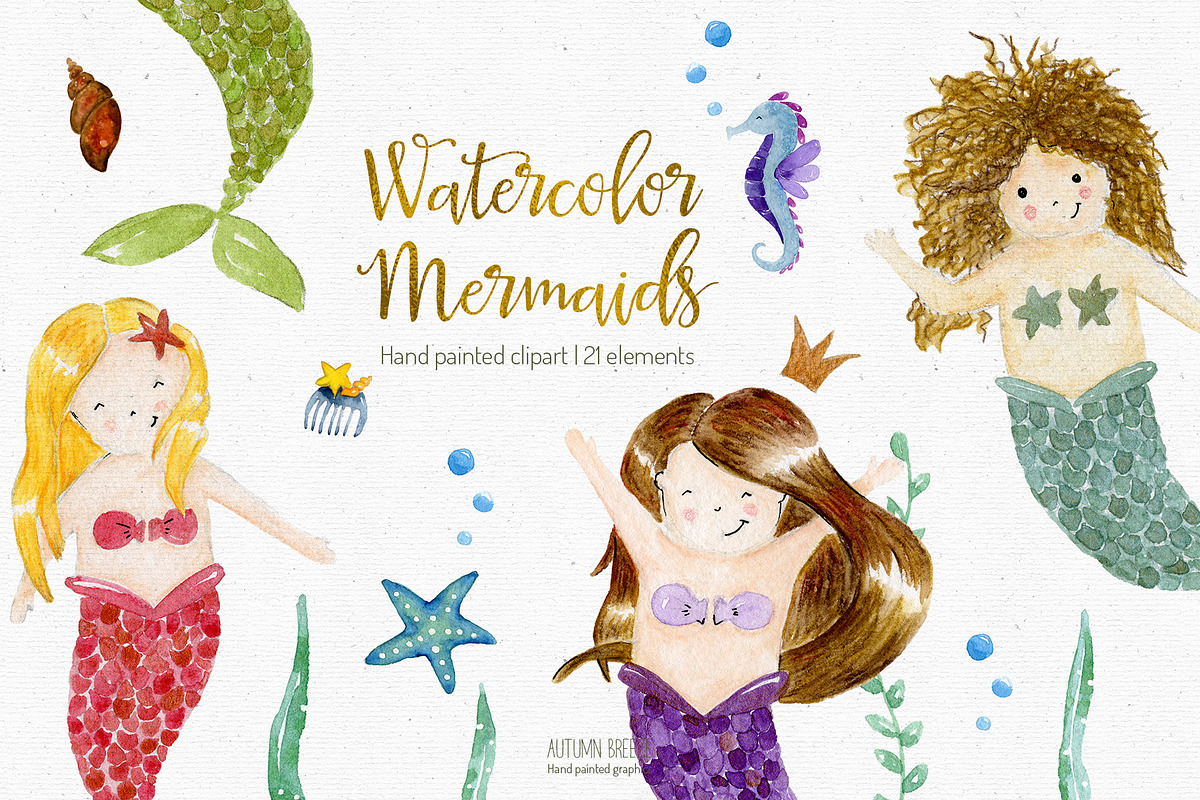 watercolor mermaids clipart in Illustrations - product preview 8