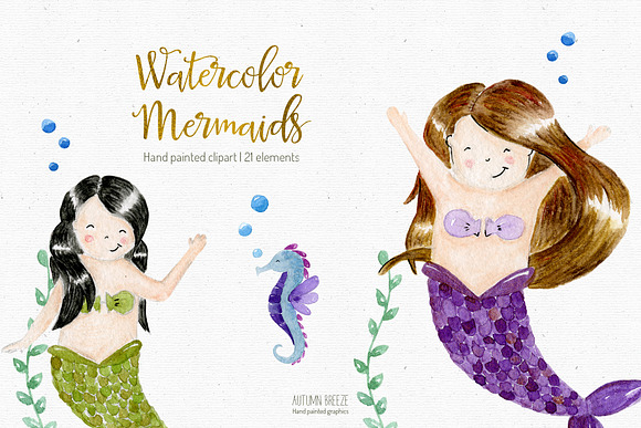 watercolor mermaids clipart in Illustrations - product preview 1