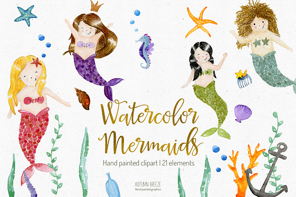 watercolor mermaids clipart in Illustrations - product preview 2
