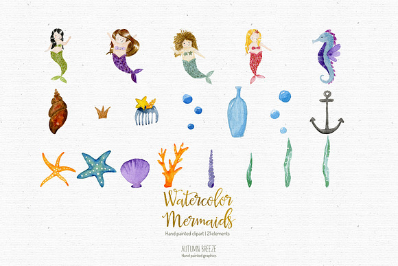watercolor mermaids clipart in Illustrations - product preview 3