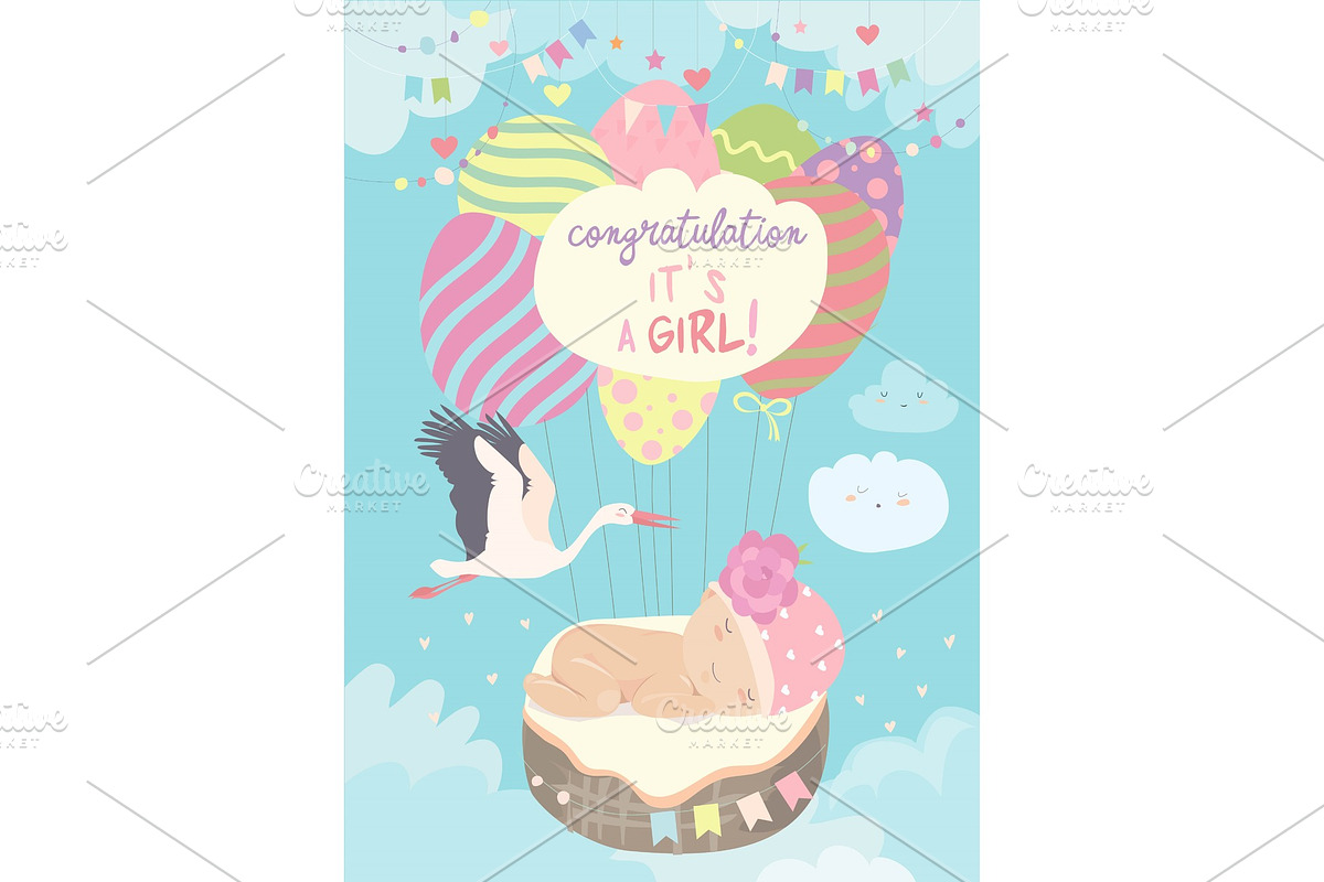 Nice card with stork and baby on in Illustrations - product preview 8