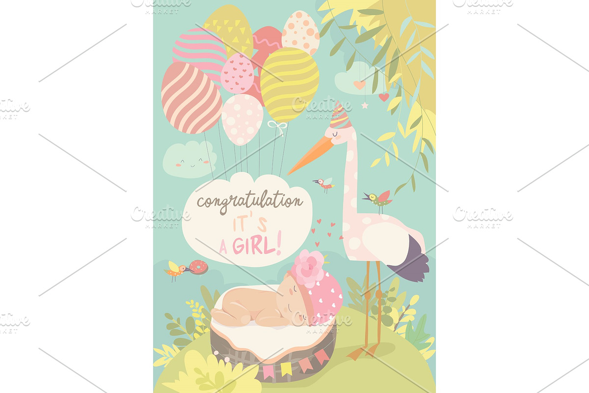 Nice card with stork and baby in Illustrations - product preview 8