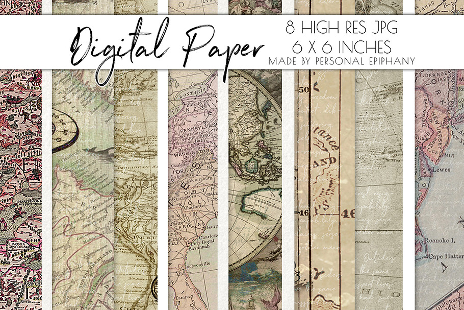 Vintage map digital paper pack, old