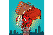 Santa Claus with a suitcase climbs