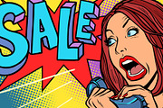 Sale, shopping season. Woman screams