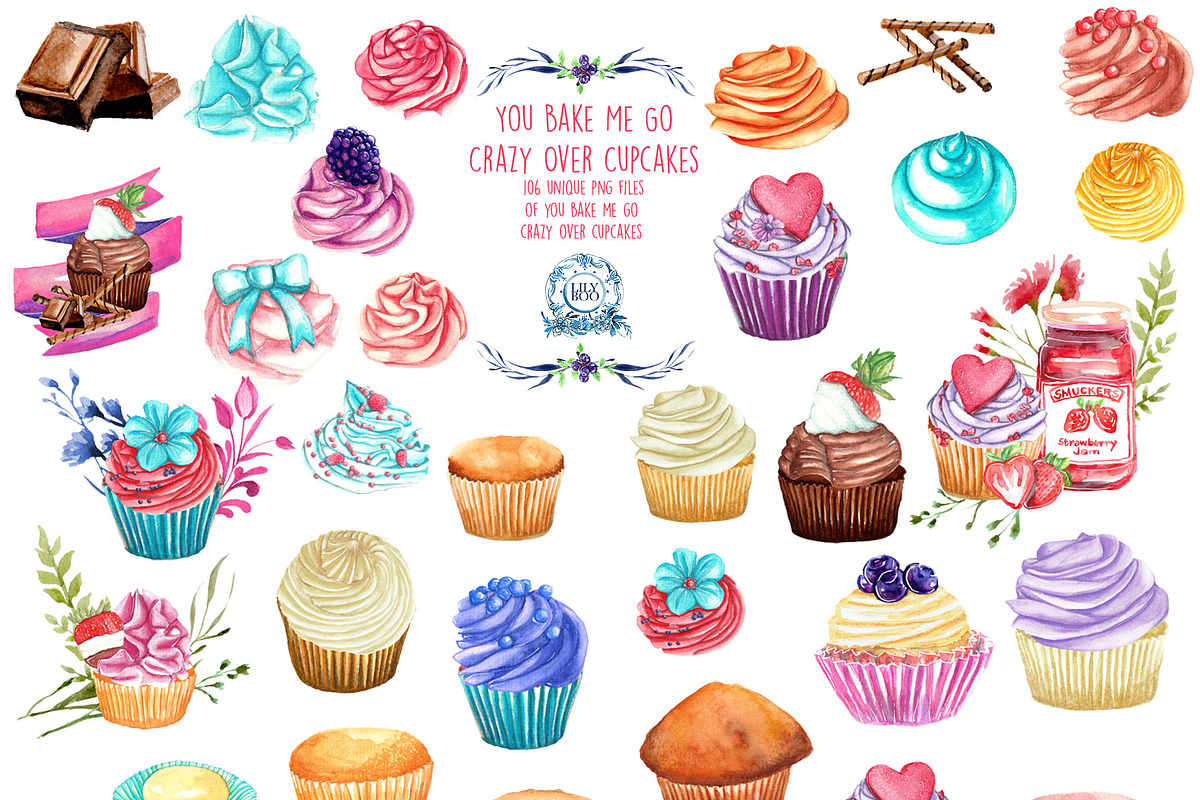 Cupcakes: 106 Watercolor Clipart  in Illustrations - product preview 8