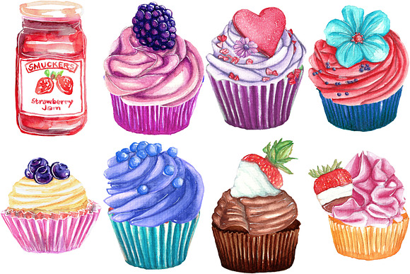 Cupcakes: 106 Watercolor Clipart  in Illustrations - product preview 3