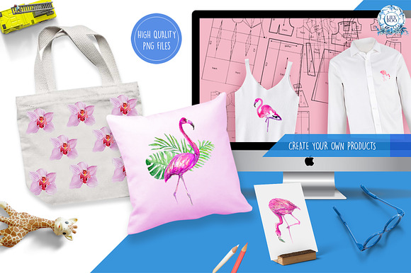 Flamingo Themed Watercolor Clipart  in Illustrations - product preview 1