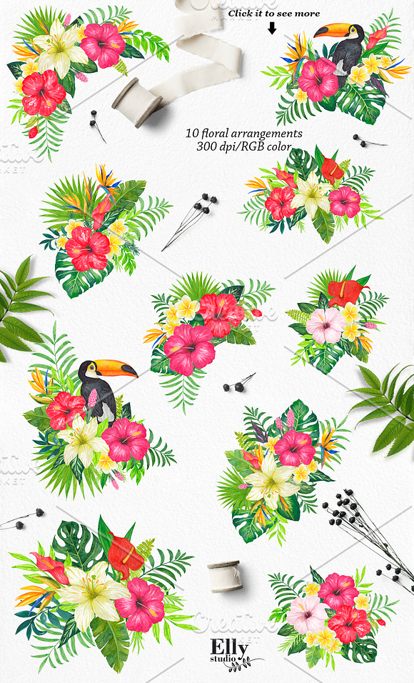 Watercolor Tropical Clip Art in Illustrations - product preview 1