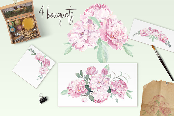 Peonies Clipart Watercolor Set in Illustrations - product preview 1