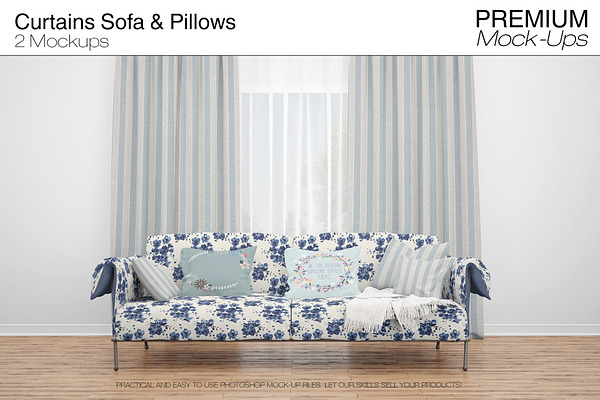Curtains Sofa & Throw Pillows Set