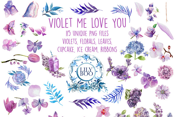 115 Violet Floral Watercolor Clipart