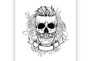 Skull with hairstyle and moustaches