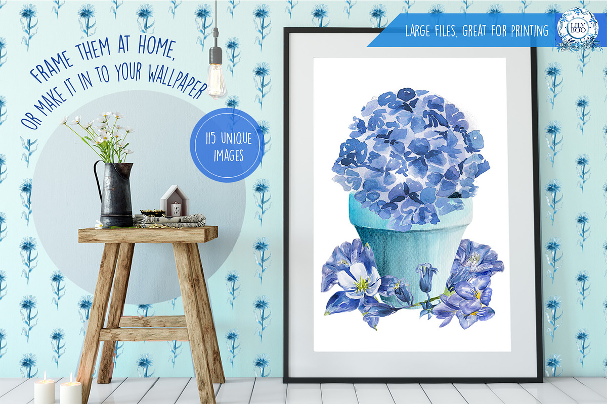 Blue Floral Watercolor Clipart Pack  in Illustrations - product preview 8