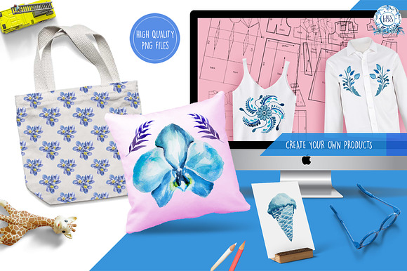 Blue Floral Watercolor Clipart Pack  in Illustrations - product preview 1