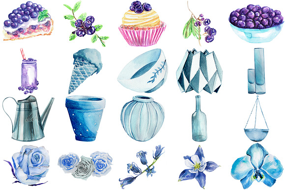 Blue Floral Watercolor Clipart Pack  in Illustrations - product preview 3