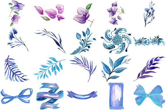 Blue Floral Watercolor Clipart Pack  in Illustrations - product preview 4