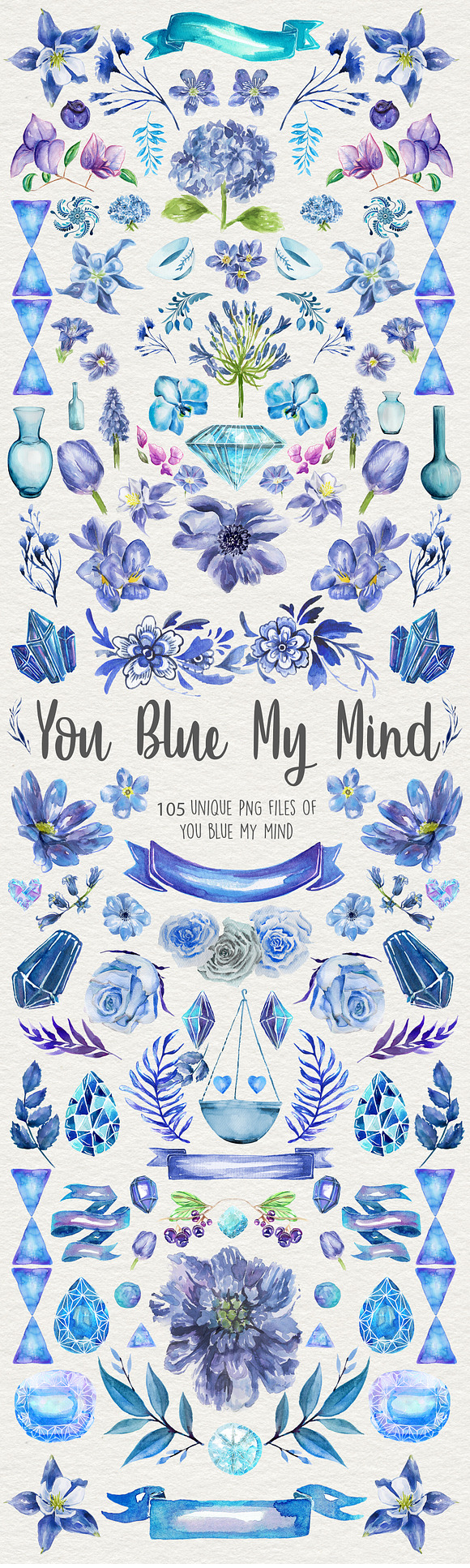 Blue Floral Watercolor Clipart Pack  in Illustrations - product preview 5