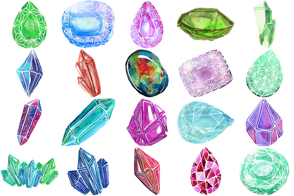 Gemstones: 98 Watercolor Clipart PNG
