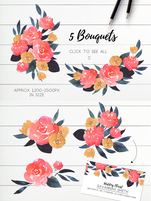 Coral & Indigo Watercolor Flowers in Illustrations - product preview 1
