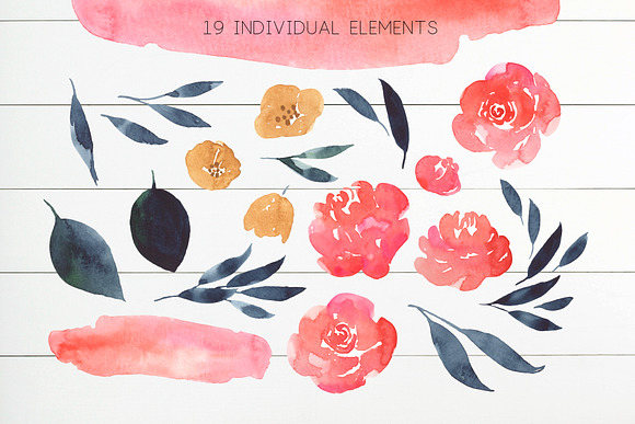 Coral & Indigo Watercolor Flowers in Illustrations - product preview 4