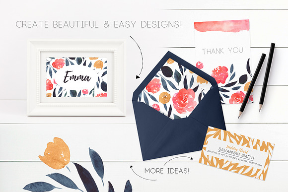 Coral & Indigo Watercolor Flowers in Illustrations - product preview 5