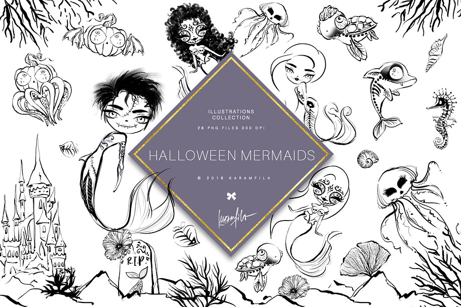 Halloween Mermaids Doodle Clipart in Illustrations - product preview 8