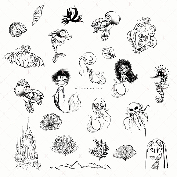 Halloween Mermaids Doodle Clipart in Illustrations - product preview 1