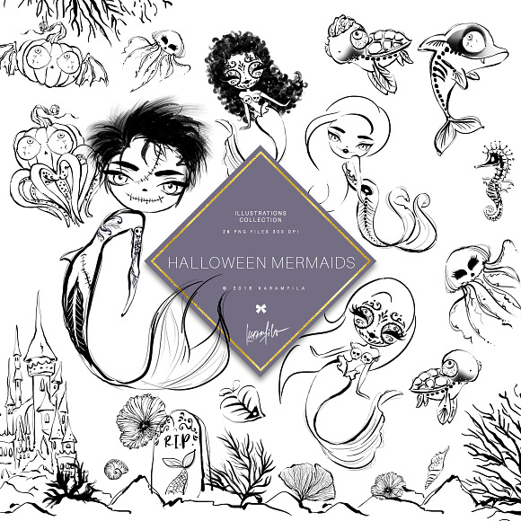 Halloween Mermaids Doodle Clipart in Illustrations - product preview 2