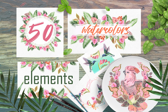 Large watercolor tropical set in Objects - product preview 1